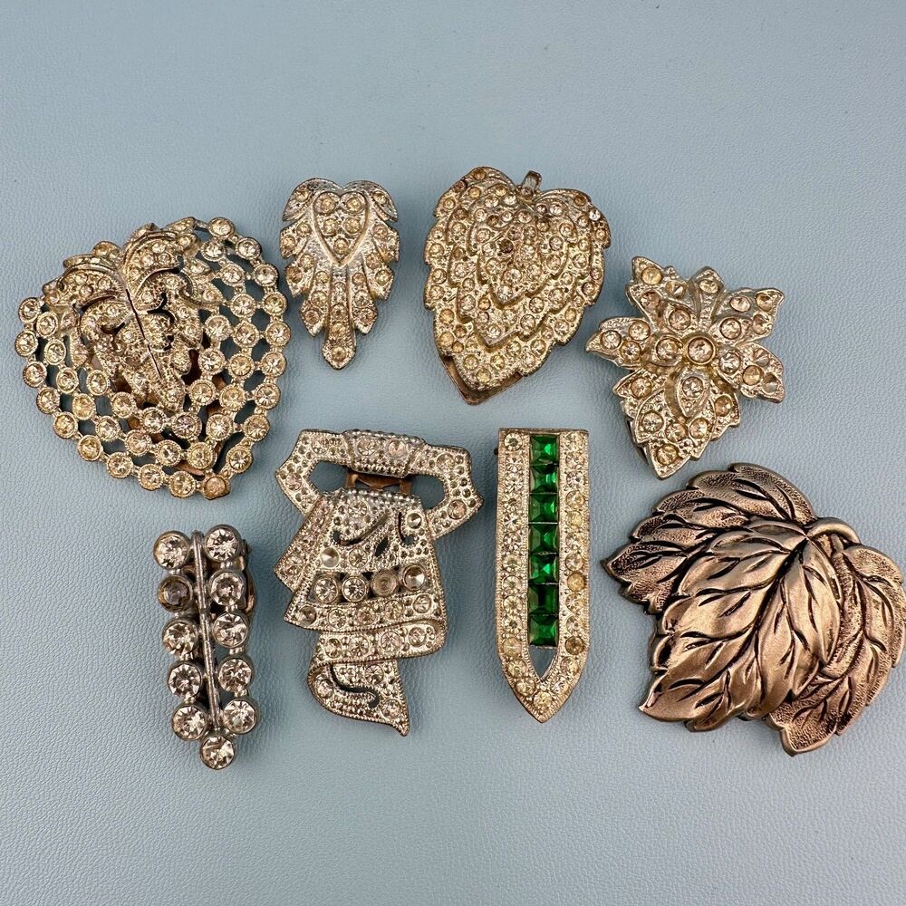 Vintage Rhinestone Dress Fur Clip Lot Silver Tone Art Deco Floral Some Pot Metal